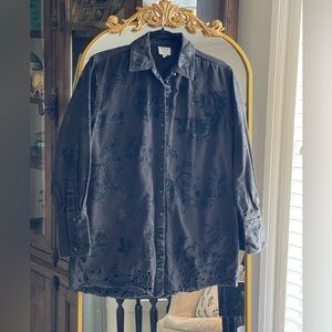 HEMANT & NANDITA Black 100% Cotton Velvet Floral Appliqué Button Up